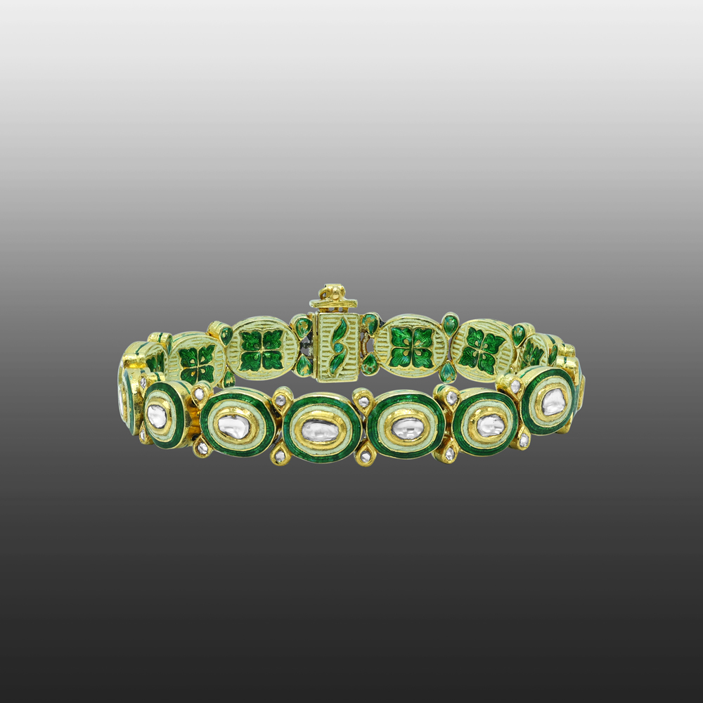 Polki Diamond Bracelet with Oval Green Enamel